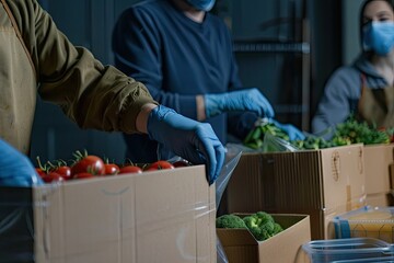 Sharp Image of Volunteers with Gloves and Medical Masks Preparing Box for Donation