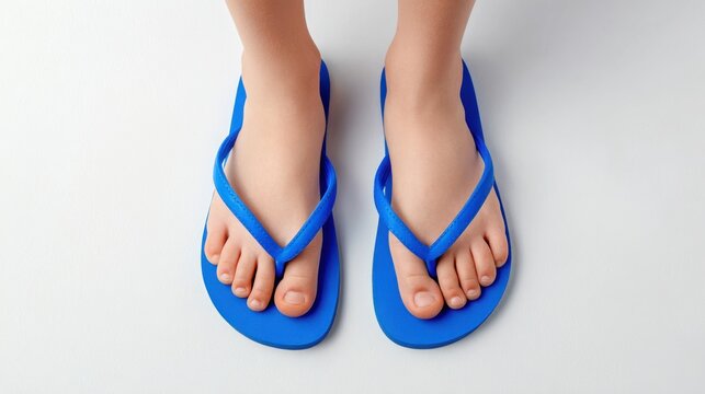 Bright Blue Flip Flops on Feet of Child Against White Background for Summer Fun and Beach Activities
