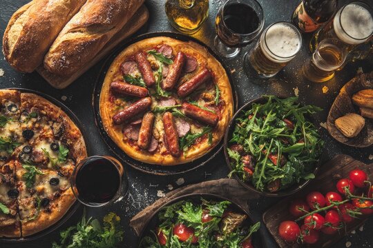 Overhead shot of 2 pizzas salads baguettes beer wine and tomatoes on a dark surface - Powered by Adobe