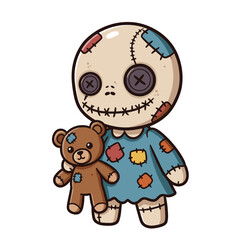 This playful doll with button eyes, stitched face, and blue patchwork dress holds a teddy bear — bursting with vintage charm and cartoon whimsy.