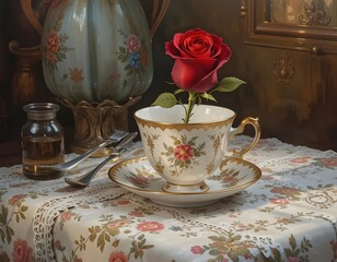 A Single Red Rose in a Delicate Teacup on a Floral Tablecloth, Still Life Photography