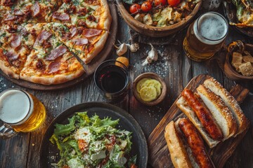 Overhead view of a wooden table laden with a pizza salad hot dogs beer wine pickles and other foods