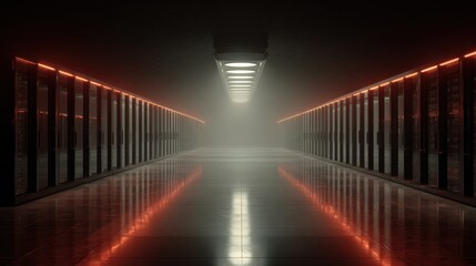 Fototapeta premium Futuristic Data Center Corridor with Illuminated Lights and Foggy Atmosphere