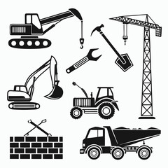 Construction Equipment Icons Excavators, Cranes, and More