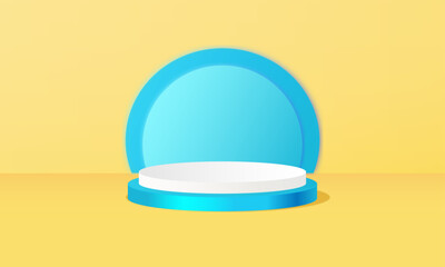 Blue and white podium on yellow background for advertising, product presentation