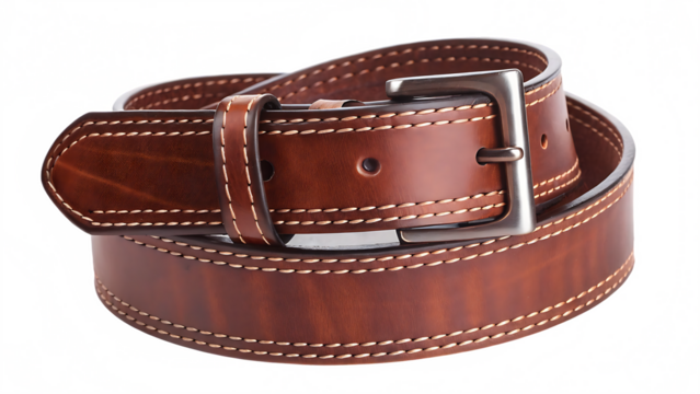 Brown leather belt with metal buckle isolated on a transparent background