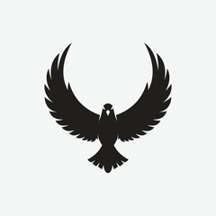 Stylized black bird silhouette logo with wings spread in a bold, abstract form. Minimalist and symmetrical design on white background. Perfect for branding, tattoo, or decor.