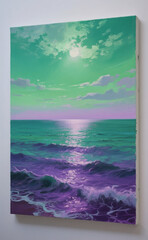 Vibrant Sunset Painting with Dreamlike Ocean Waves in Purple and Green Hues, Reflecting Nature&rsquo;s Serenity and Artistic Expression
