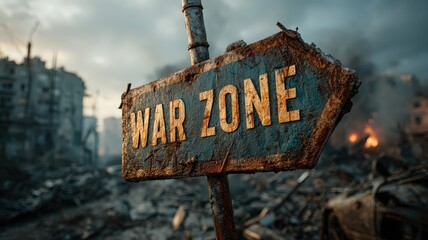 Obraz premium War zone signpost, damaged, rusty, pointing to a destroyed city. desolate, impactful, warning.