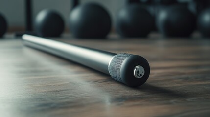 Gray exercise bar lying on a wooden floor.