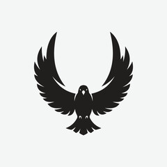 Obraz premium Stylized black bird silhouette logo with wings spread in a bold, abstract form. Minimalist and symmetrical design on white background. Perfect for branding, tattoo, or decor.