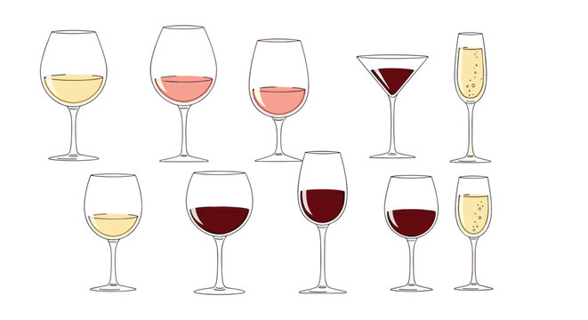 A Collection of Various Wine Glasses Filled with Different Types of Wines Showing a Spectrum of Colors From Pale Yellow to Deep Red Demonstrating Their Unique Characteristics