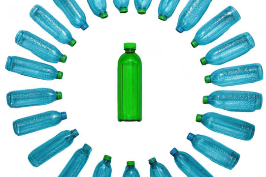 Circular arrangement of plastic water bottles, a central green bottle