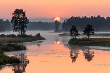 Naklejka premium Reflection of sunrise on a dewy field with misty silhouettes