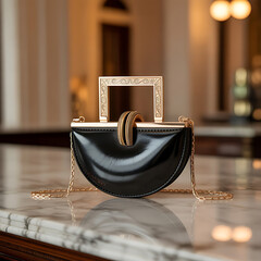 The background is a blurred indoor setting with beige walls and soft lighting, creating a sophisticated and elegant atmosphere