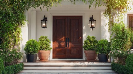 Fototapeta premium Elegant Entrance with Wooden Doors Surrounded by Lush Greenery and Bright Planters in a Luxurious Home Setting