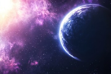 Obraz premium Vibrant closeup view of an expansive nebula in deep space showcasing colorful gases and a distant planet, A close-up view of the expansive nebula in outer space (Some elements furnished )