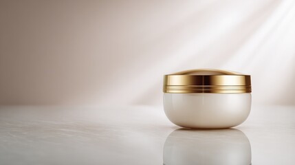 Elegant skincare jar with golden lid on smooth surface with soft light for beauty product advertisement