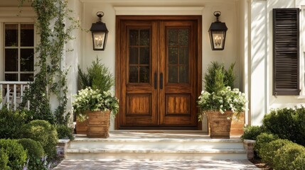 Fototapeta premium Elegant Wooden Front Doors with Lanterns and Lush Greenery in a Stylish Home Entrance