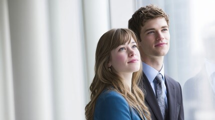Young couple standing near a window with soft white curtains, serene atmosphere, gentle smiles, calm expressions, blurred outdoor view, warm natural light.