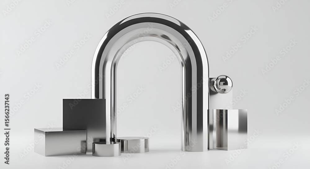 Fototapete silver geometrical abstract composition with arch and cube shapes on white background