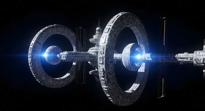 Futuristic space station orbits in deep space, showcasing detailed design and bright light amid stars, ready for sci-fi concepts.