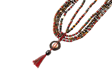 Multistrand beaded necklace with red accents and brown base