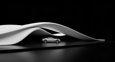 Sleek silver car showcased under a modern abstract architectural structure