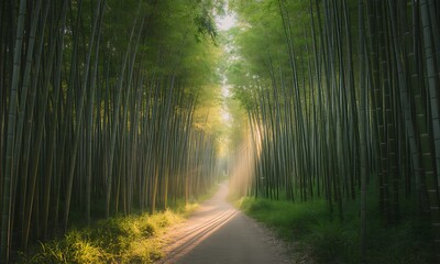 Fototapeta premium Sunlit Pathway Through Serene Bamboo Forest