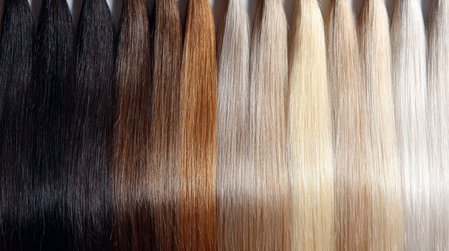 Hair color samples ranging from black to platinum blonde with smooth and shiny texture, showcasing natural hair shades bright