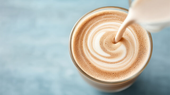 Creamy coffee latte with milk pouring creating smooth swirl on top, set against soft blue background for cozy feel