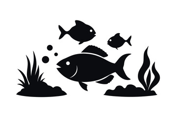 Elegant Black Silhouette Fish Aquarium Illustration, Underwater Scene, Aquatic Life, Simple Design