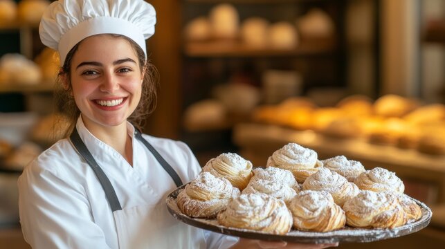 Happy female baker holding tray of freshly baked pastries in bakery. (1) - Powered by Adobe