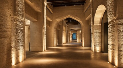 Fototapeta premium Serene Beige Stone Hallway with Warm Lighting and Arches