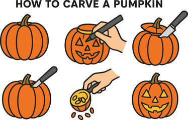 halloween Pumpkin Carving Steps Infographic Vector Outline Set