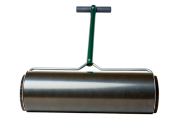 Manual garden lawn roller with a dark green handle isolated with transparent background