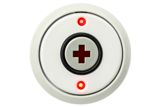 Round emergency button with a red cross and glowing lights isolated with transparent background