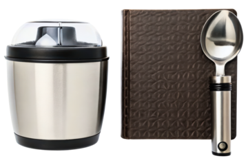 Ice cream maker with recipe book and a serving spoon isolated with transparent background