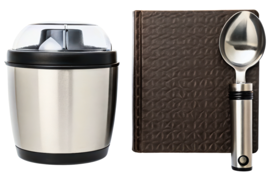 Ice cream maker with recipe book and a serving spoon isolated with transparent background