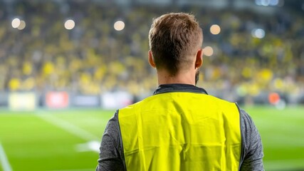 Security staff watch the crowd. The staff is wearing high visibility vest during a sports event. The audience is blurred in the background.