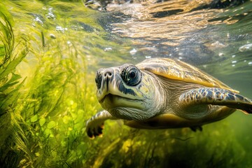 Close up of pig nose water turtle swimming gracefully underwater in lush greenery, Close up of pig nose water turtle underwater swimming along