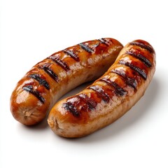 Two grilled sausages with char marks isolated on white background