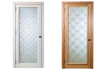 Two wooden doors with decorative frosted glass panels isolated with transparent background