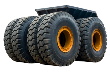 Large black rubber tires on a heavy-duty mining truck isolated with transparent background