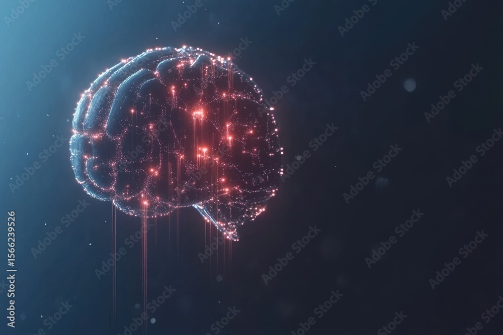 Poster digital representation of a brain interconnected with ai text and glowing connections, digital brain