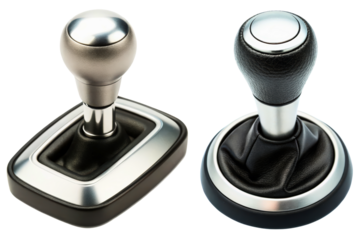 Two different manual car gear shifters with silver knobs isolated with transparent background