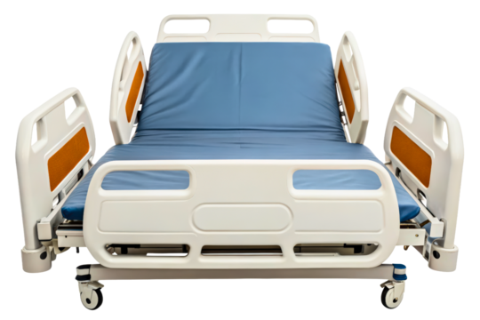 Modern adjustable hospital bed with raised side rails isolated with transparent background