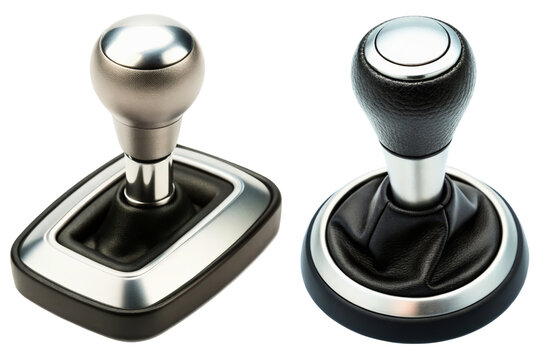 Two different manual car gear shifters with silver knobs isolated with transparent background