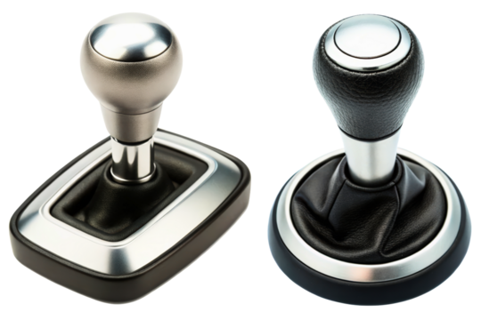 Two different manual car gear shifters with silver knobs isolated with transparent background