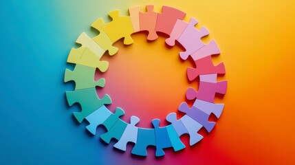 Colorful puzzle pieces arranged in a circle on a vibrant gradient background.